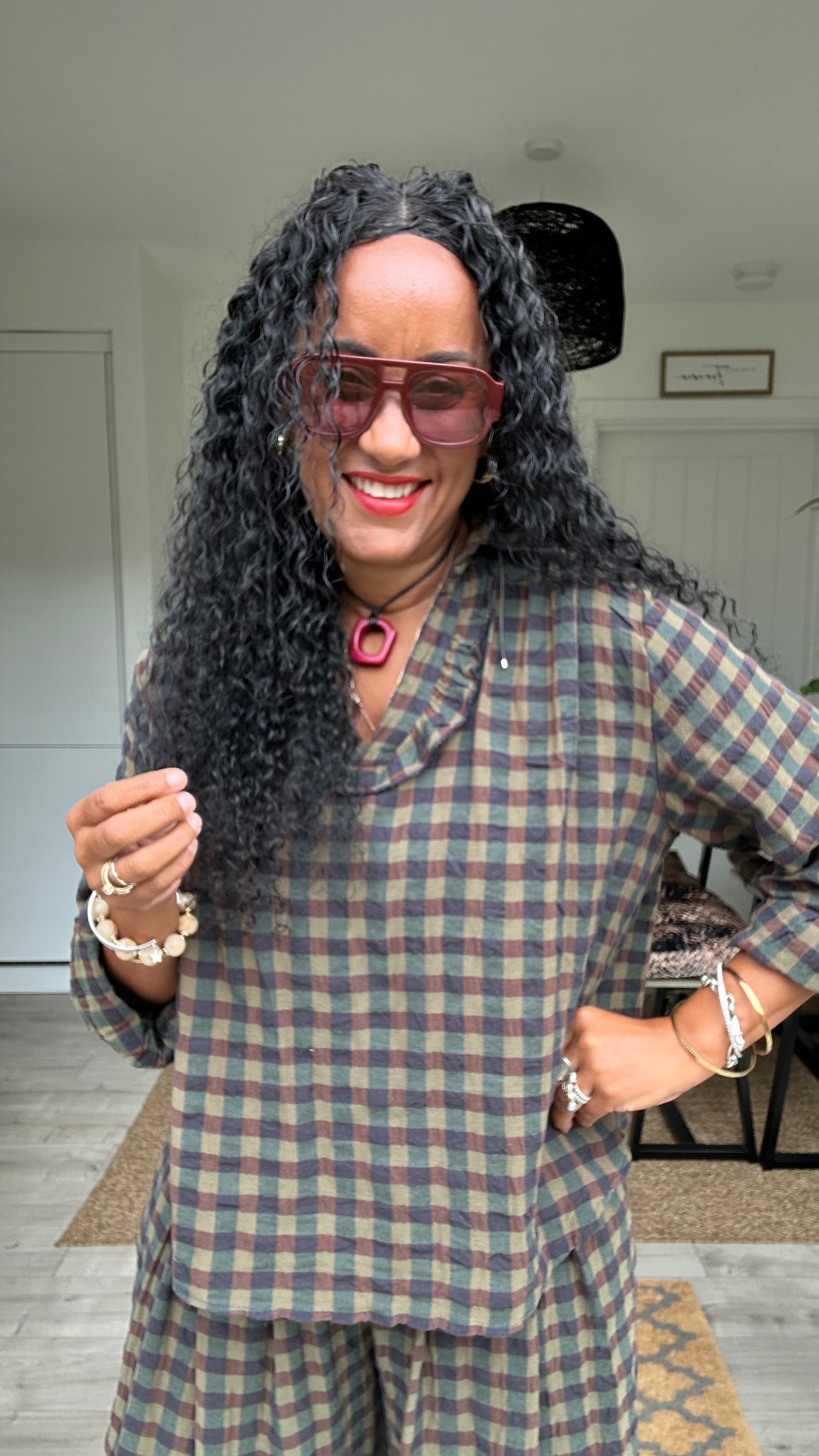 EVIE CHECKED BLOUSE BROWN *New