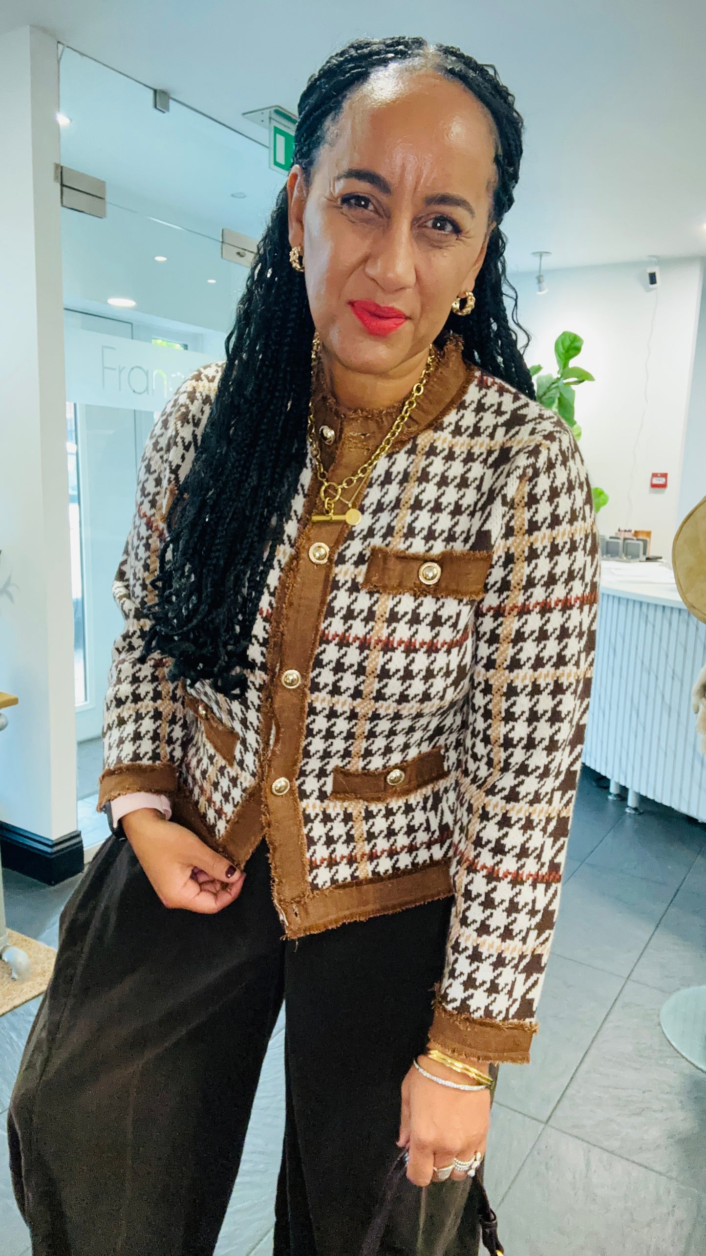 HERITAGE HOUNDSTOOTH CARDIGAN BROWN *New