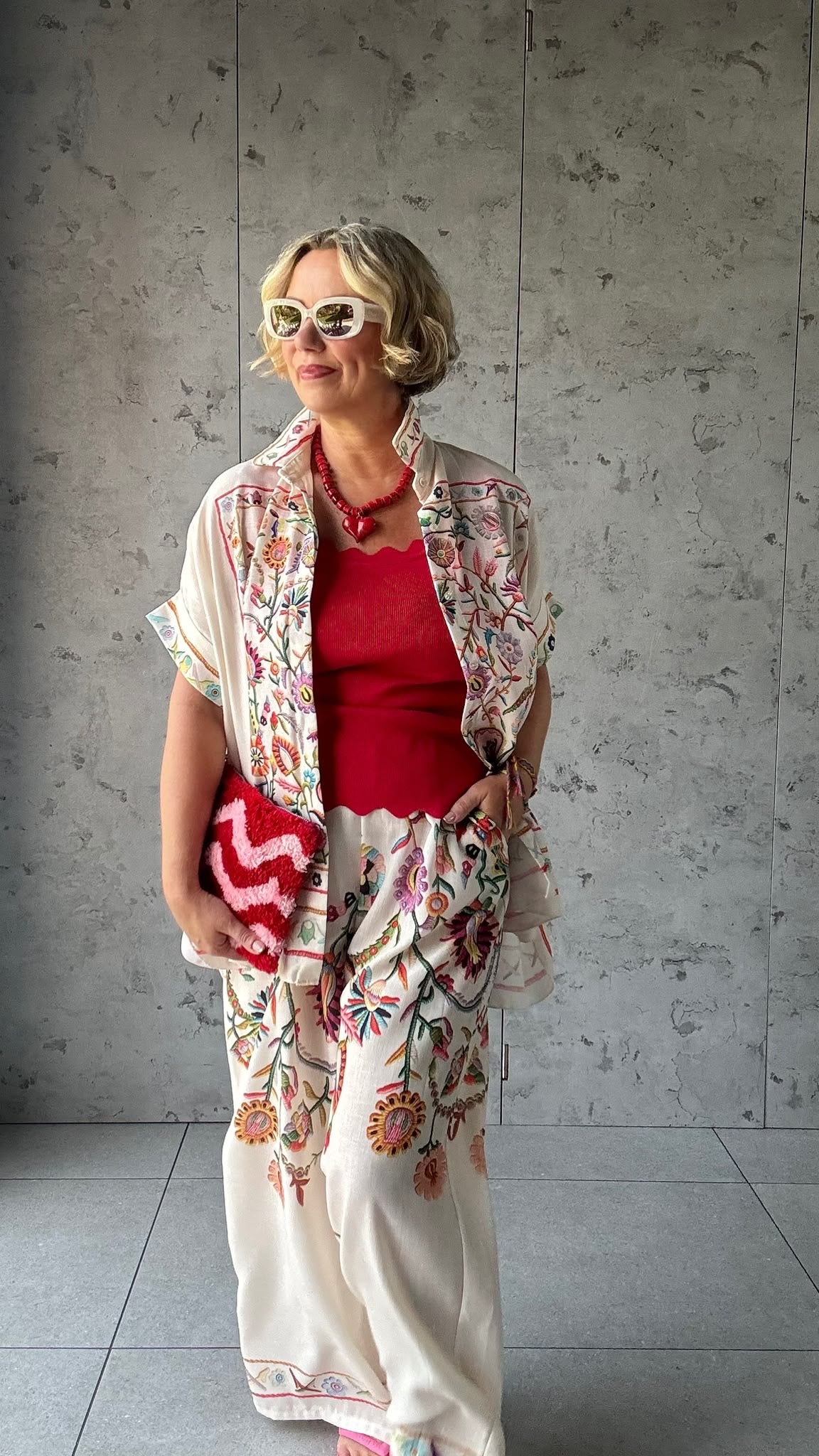 CLEO LASER FLORAL EMBROIDERED BOHO WIDE LEG TROUSERS BEIGE *New