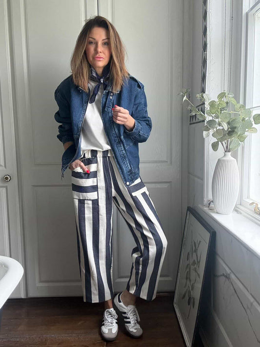 NESSA RETRO STRIPE BARREL LEG TROUSERS DENIM BLUE & CREAM *New