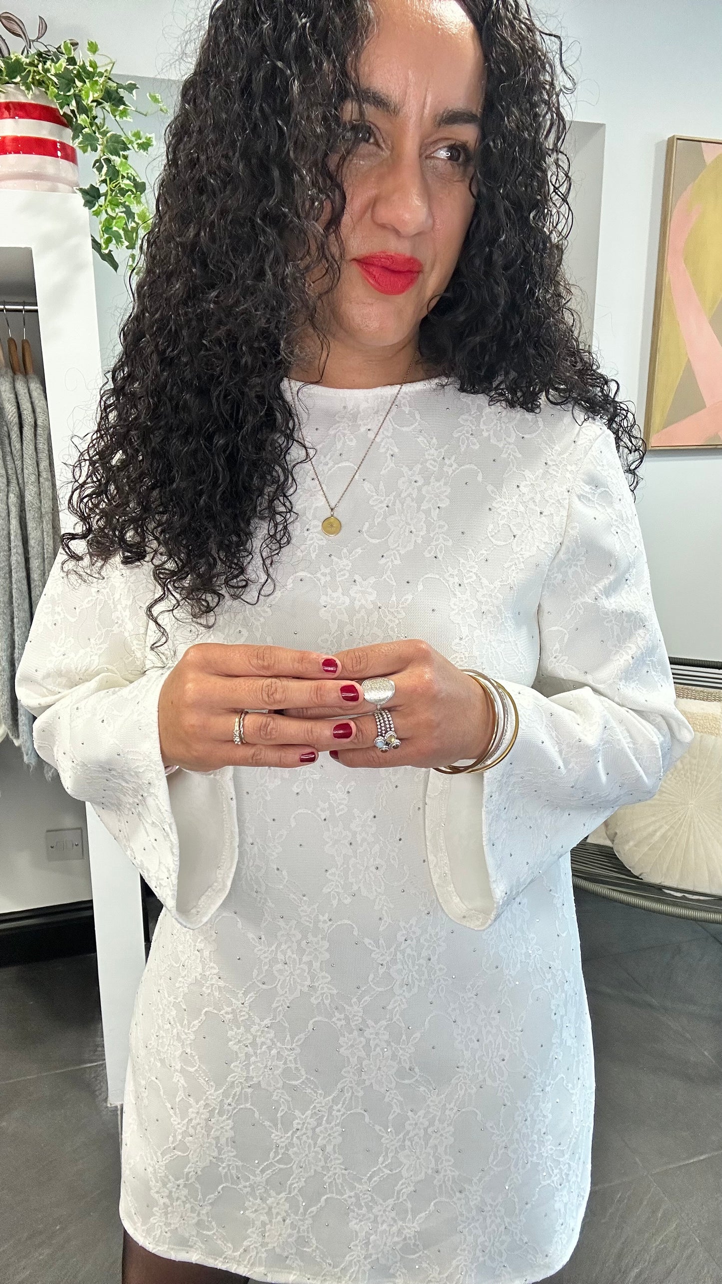 TERESA STUD DETAIL JACQUARD BOW BACK DRESS IVORY *NEW