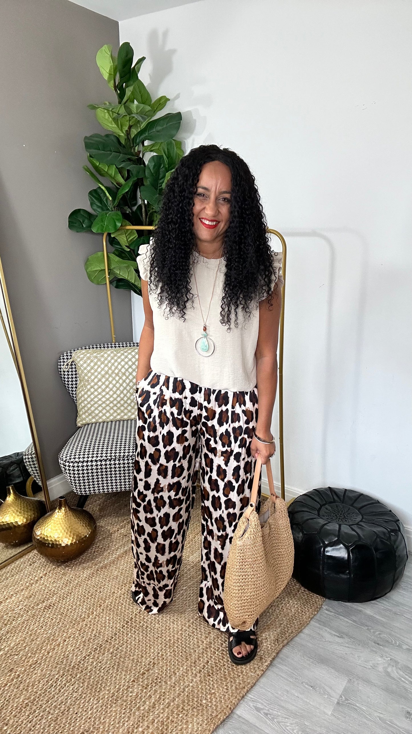 SALE SATIN LEOPARD PRINT WIDE LEG TROUSERS