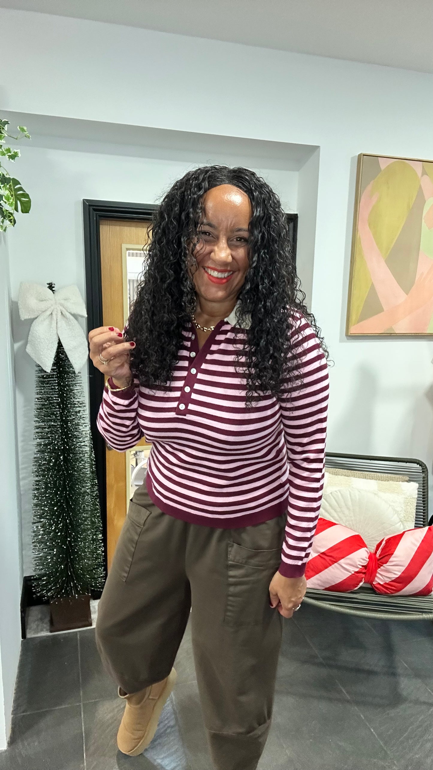 BUTTON NECK COLLARED TOP BURGUNDY & PINK *New