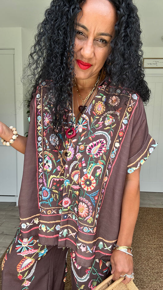 CLEO EMBROIDERED BOHO SHIRT BROWN *New