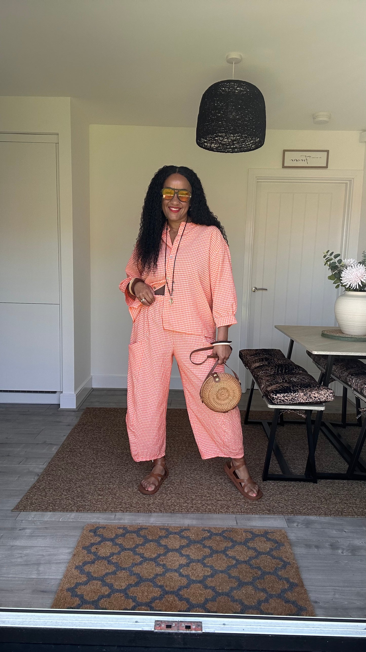 AVA GINGHAM BARREL LEG TROUSERS ORANGE *New