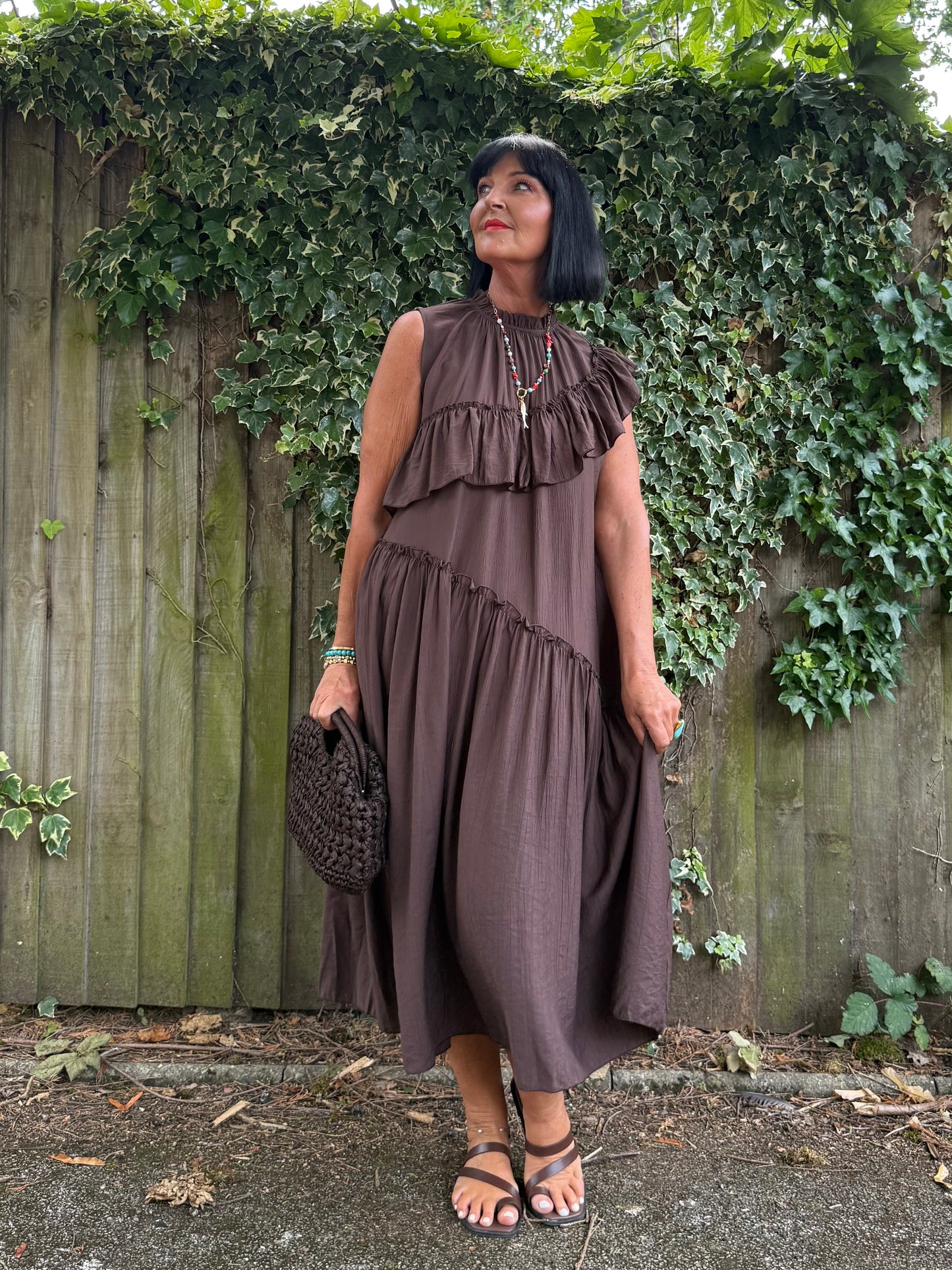 FLOWETRY FRILL MAXI DRESS DEEP BROWN *New