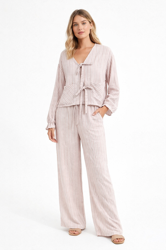 SALE AMY STRIPED FRONT TIE BLOUSE BLUSH PINK