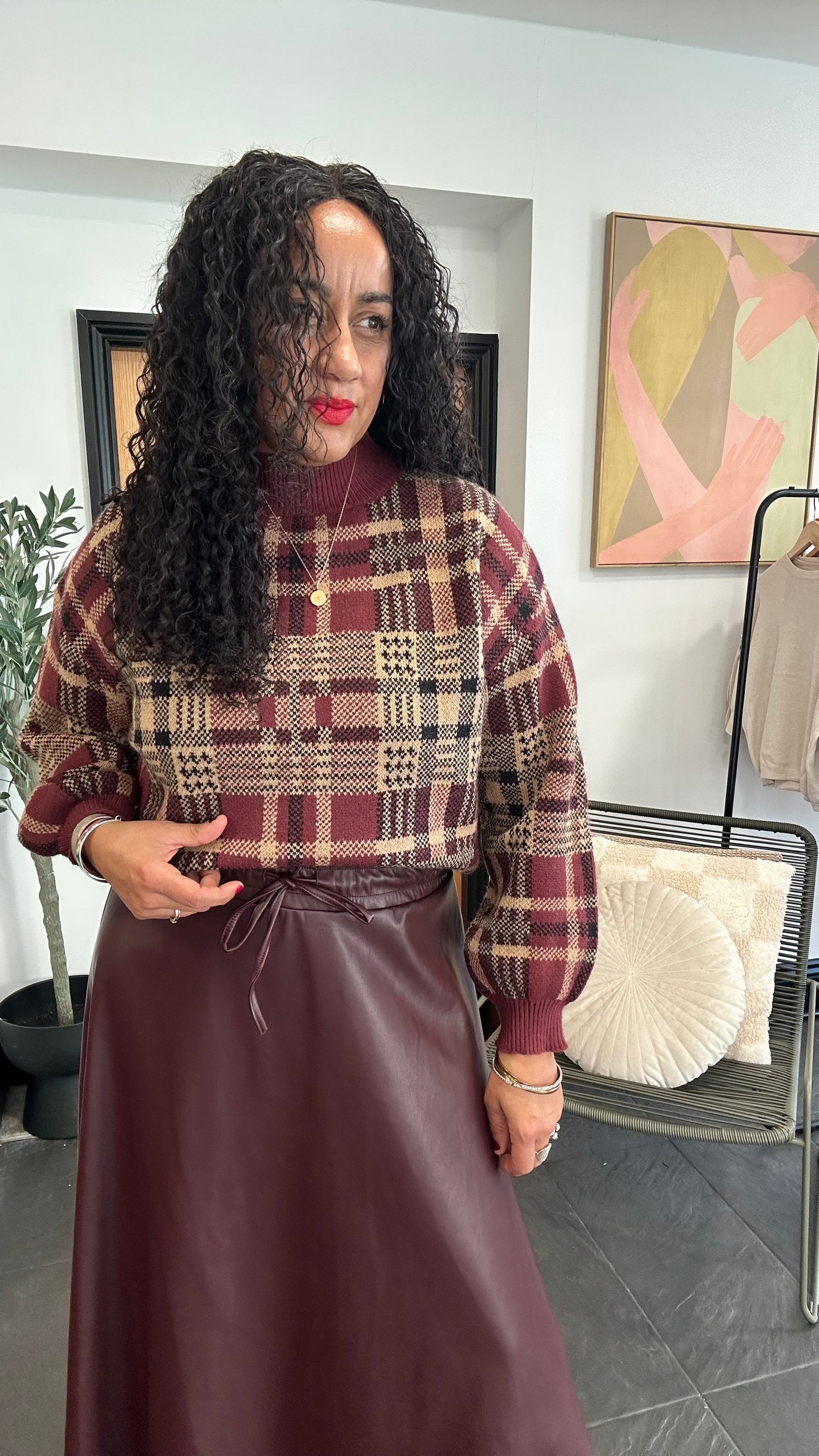 TESS PLAID KNIT SWEATER WINE *New