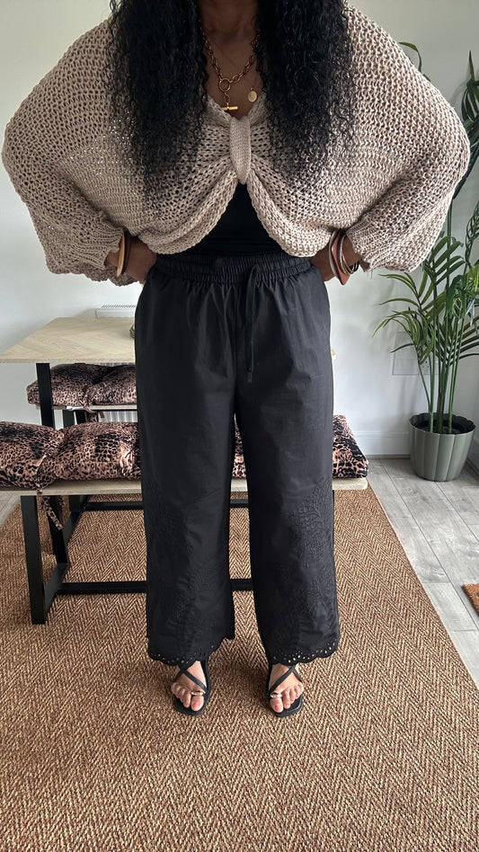 EMBROIDERED PALM WIDE LEG TROUSERS BLACK *New