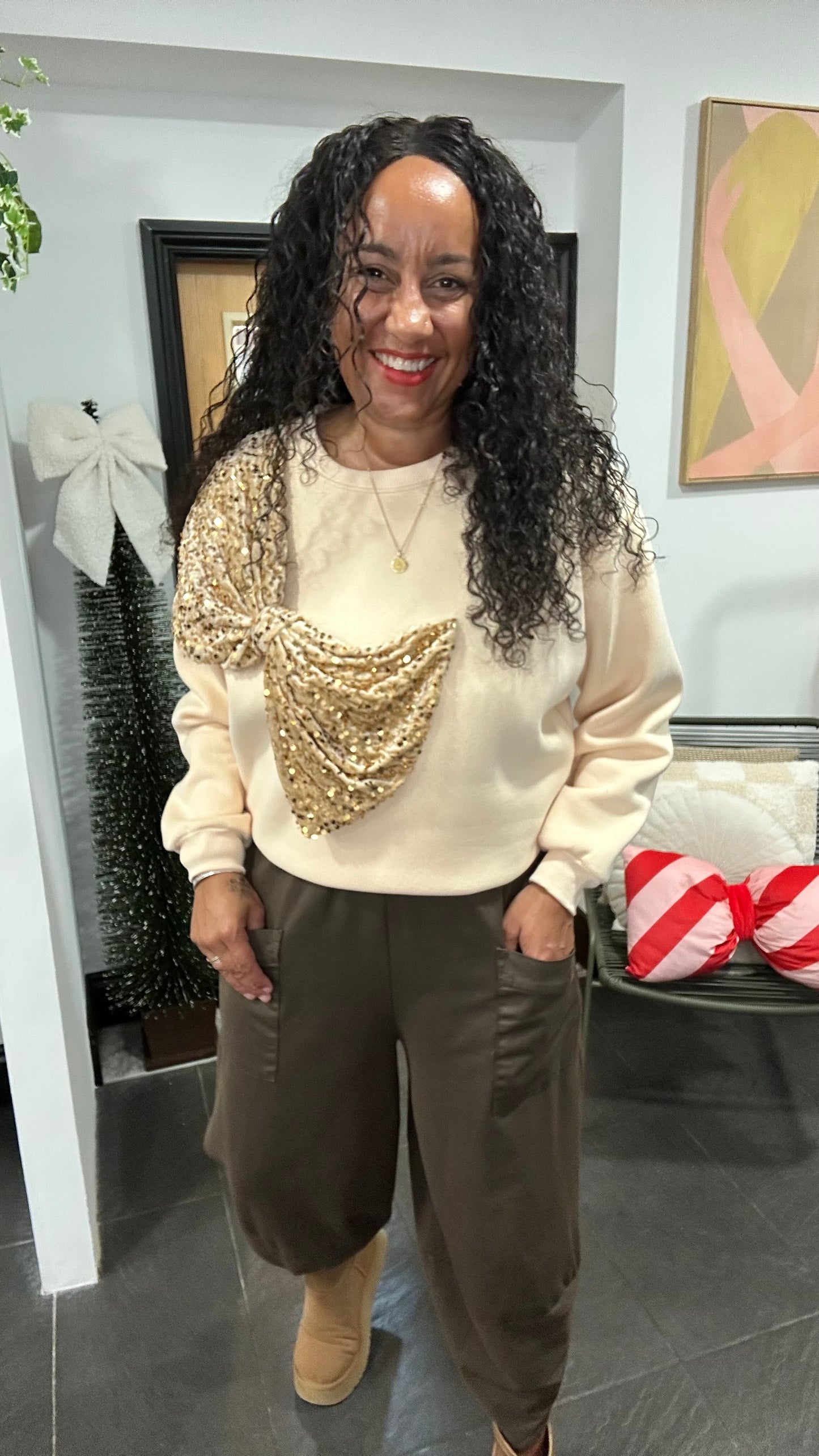 SALE TILLY SEQUIN BOW SWEATER BEIGE CREAM