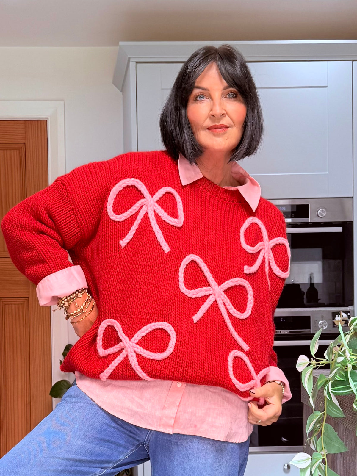 ALEX RIBBON BOW 🎀 OVERSIZED JUMPER CHERRY RED & PINK BOWS