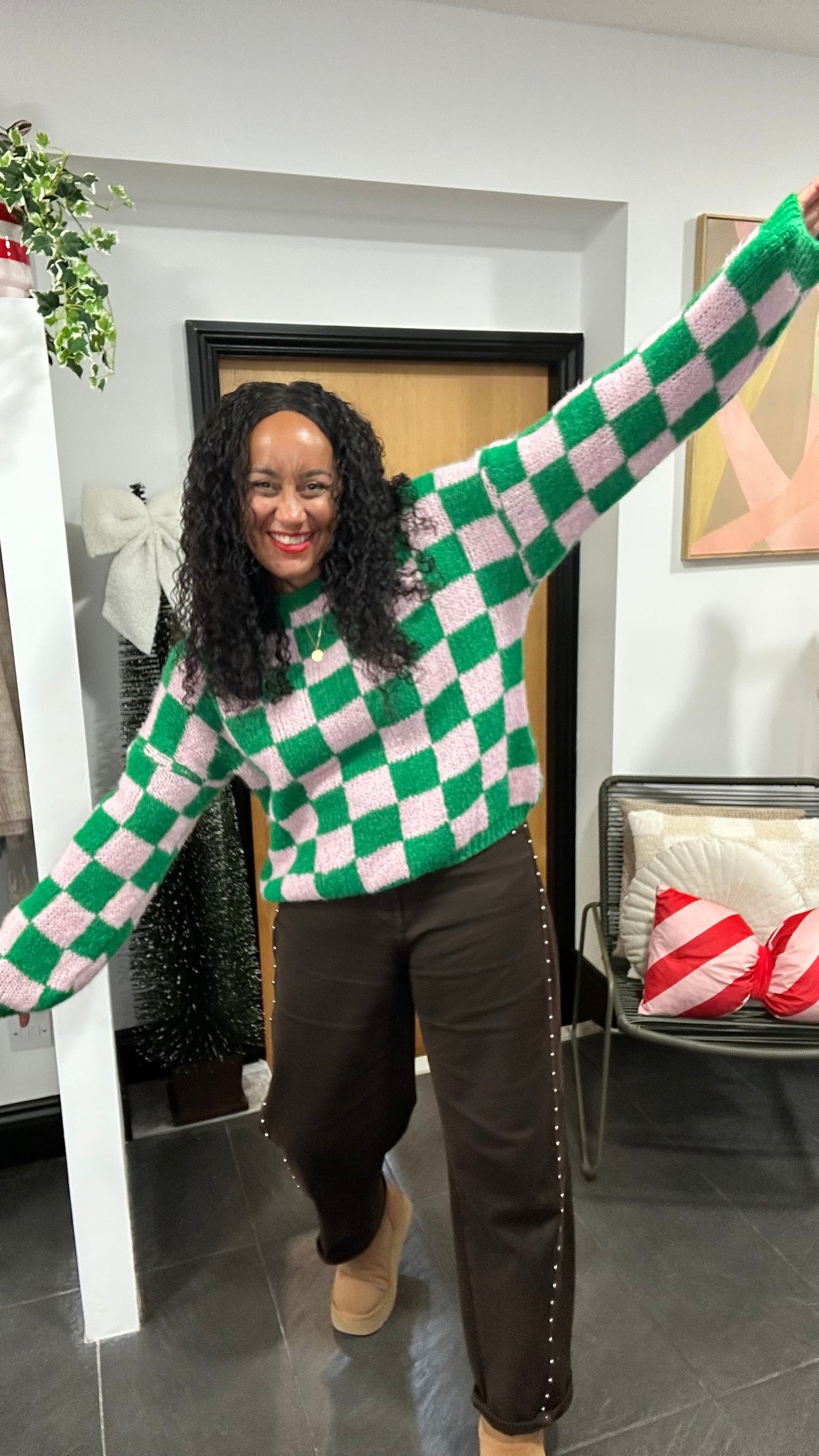 CHECKERBOARD KNIT GREEN & PINK *New