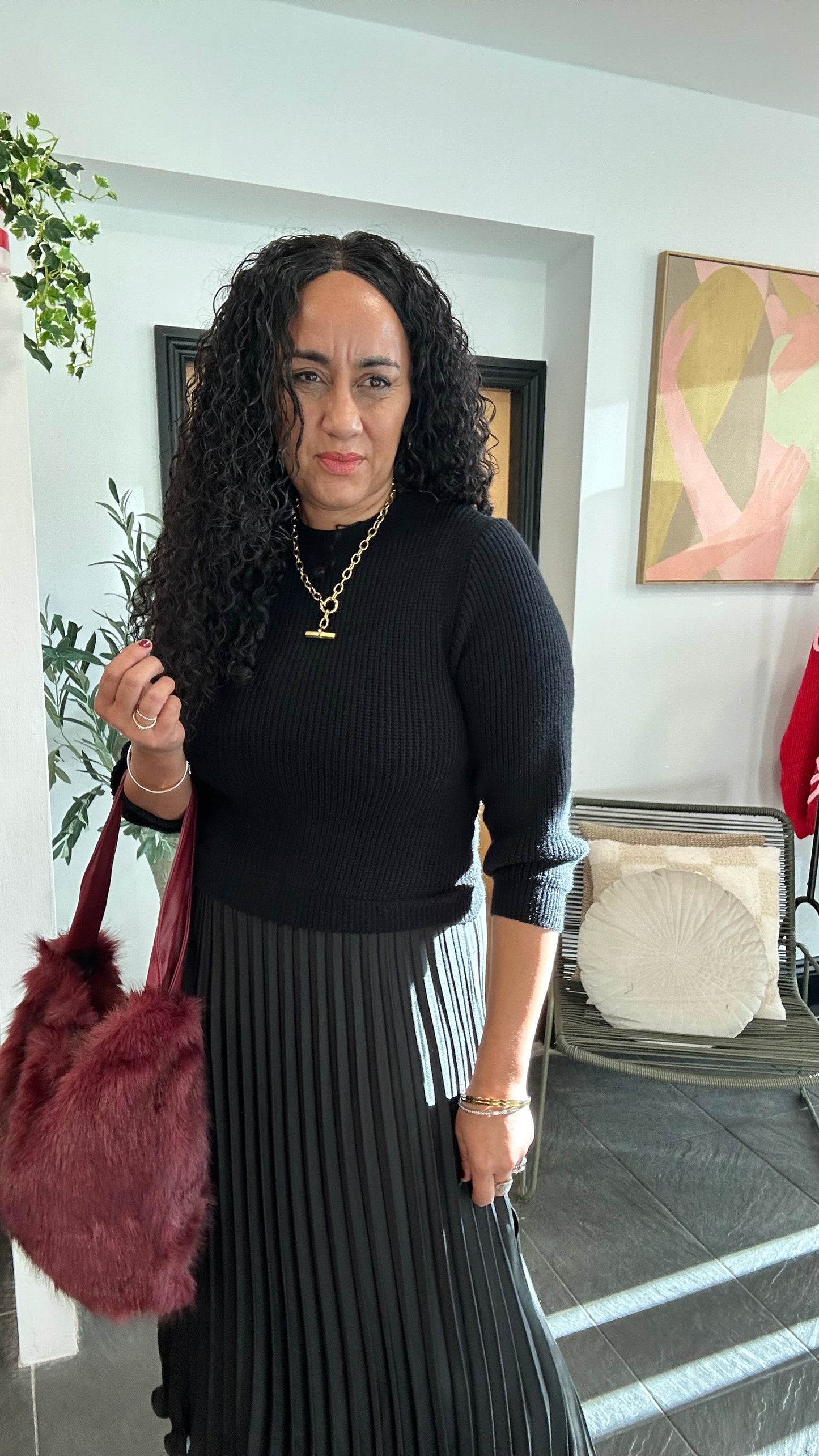 SATIN PLEATED KNIT DRESS BLACK *New