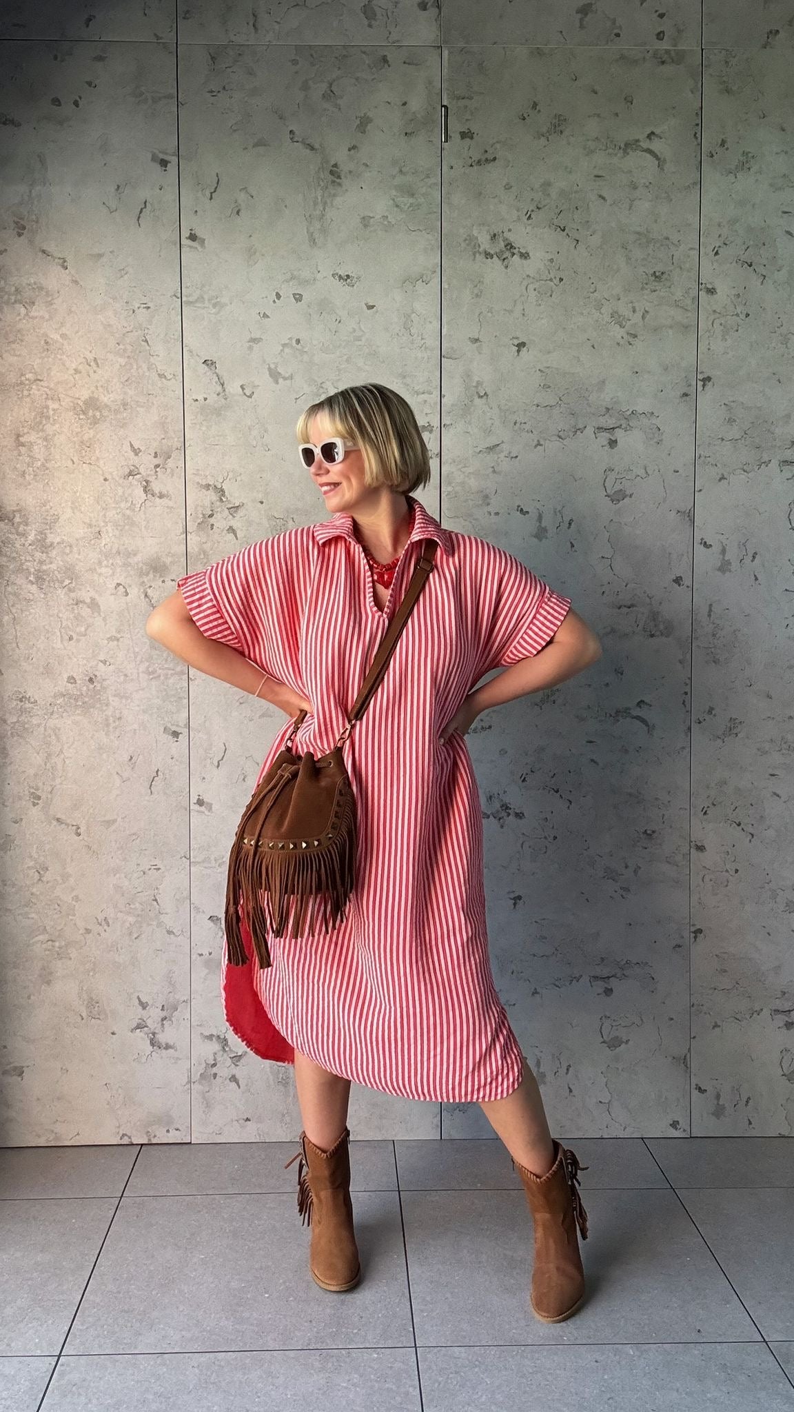 SALE TAYO STRIPED TUNIC SHIRT DRESS PINK