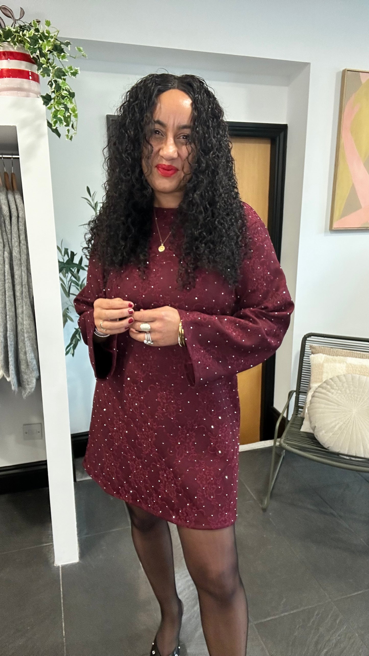 TERESA STUD DETAIL JACQUARD BOW BACK DRESS BURGUNDY WINE  *NEW