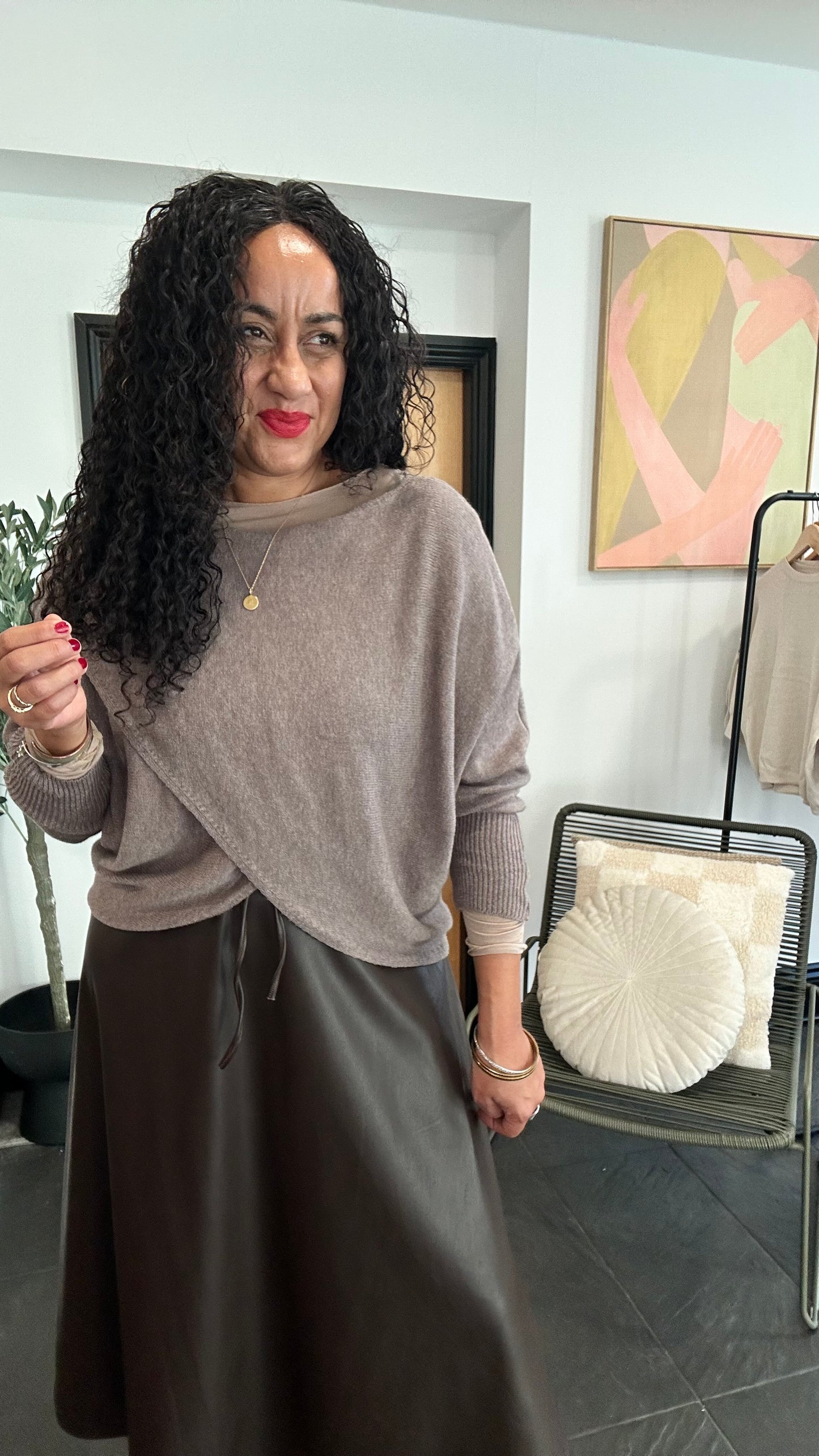 MABLE FRONT CROSS WRAP JUMPER LATTE BROWN  *New