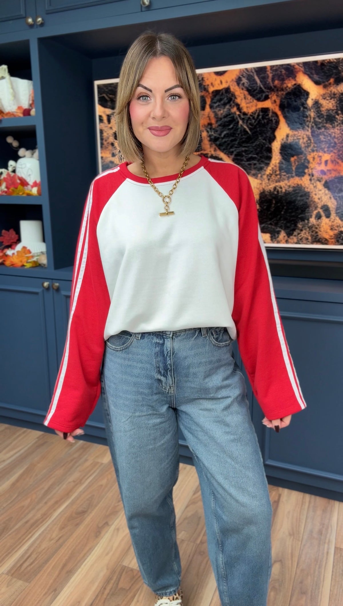 RAGLAN SWEATER TOP RED & CREAM *New