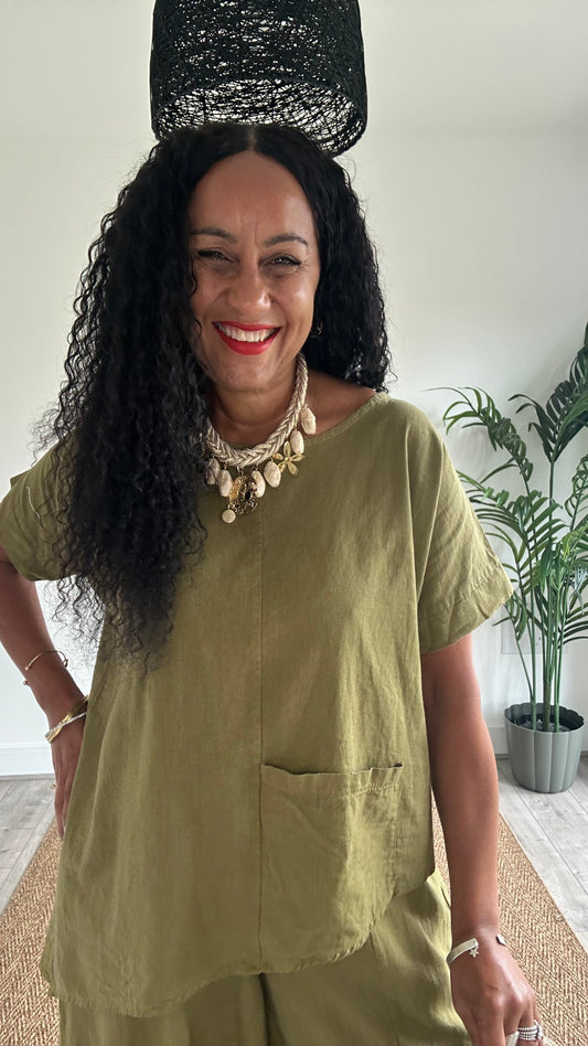 KALEL LINEN MIX POCKET TOP OLIVE  GREEN *New