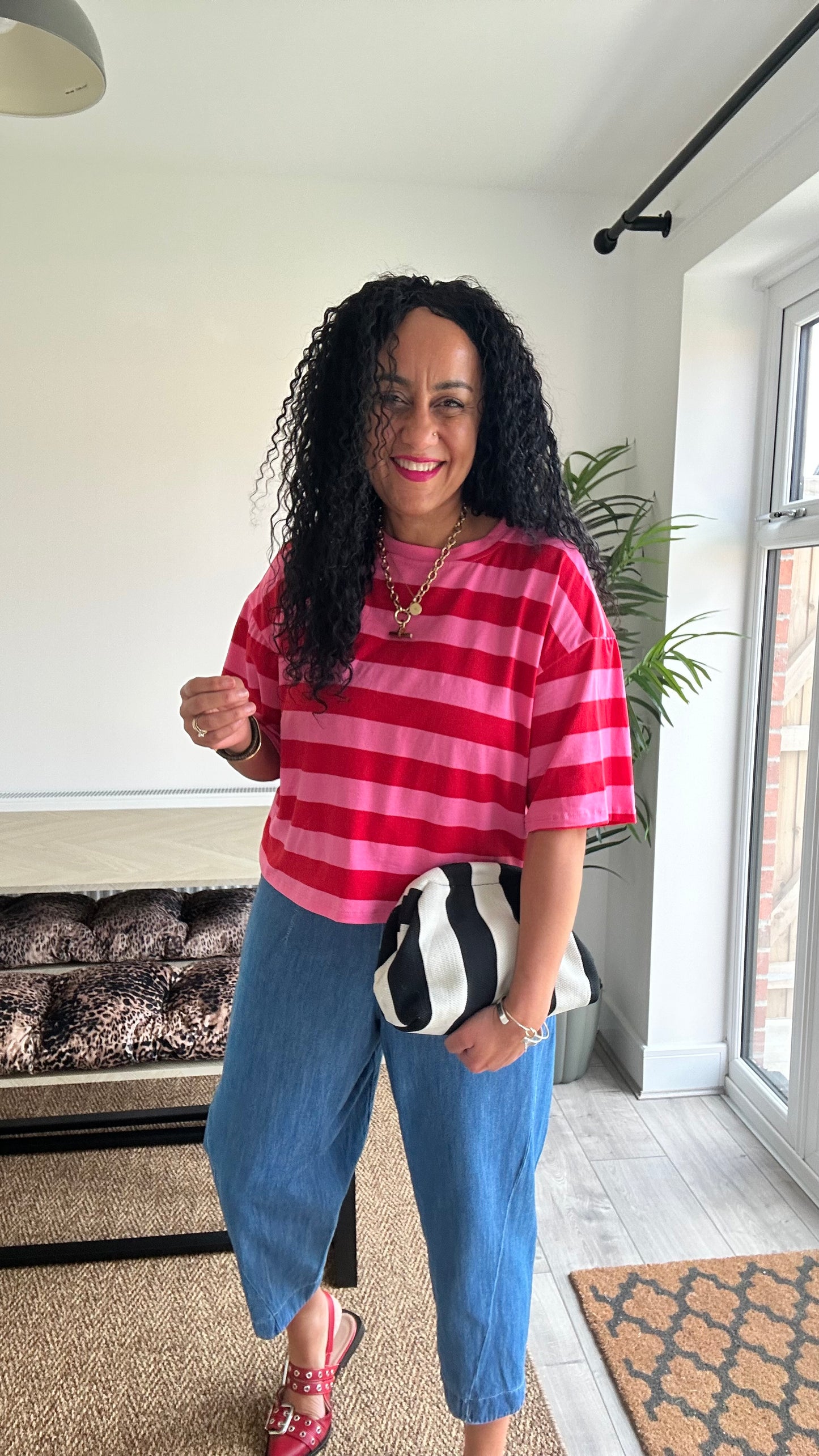 BOLD STRIPE RELAXED T SHIRT RED & PINK *New