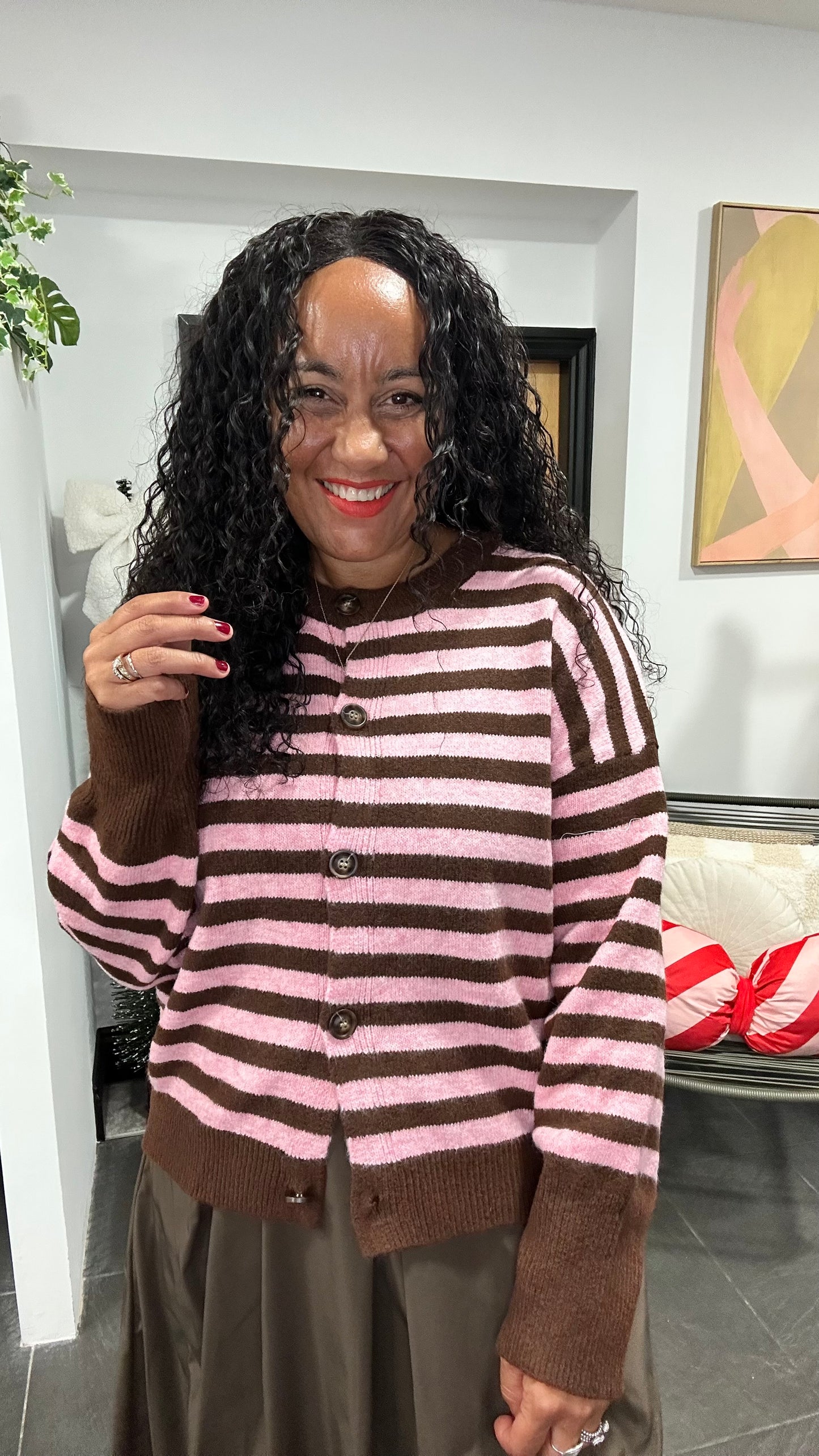 OWEN STRIPED CARDIGAN PINK & BROWN *New