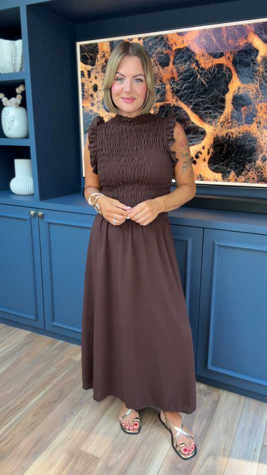 SINITA SHEARED BODICE MAXI DRESS DEEP BROWN *New