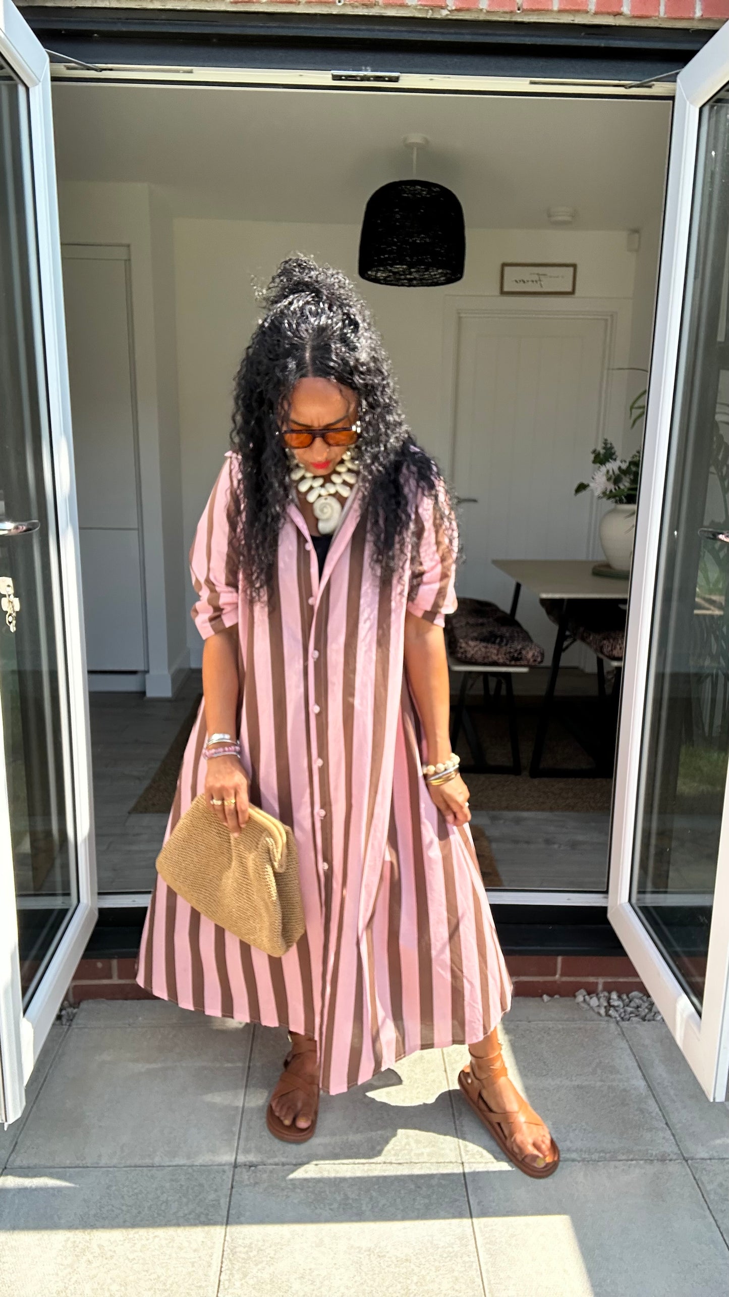 STRIPE COTTON SHIRT DRESS PINK & BROWN *New