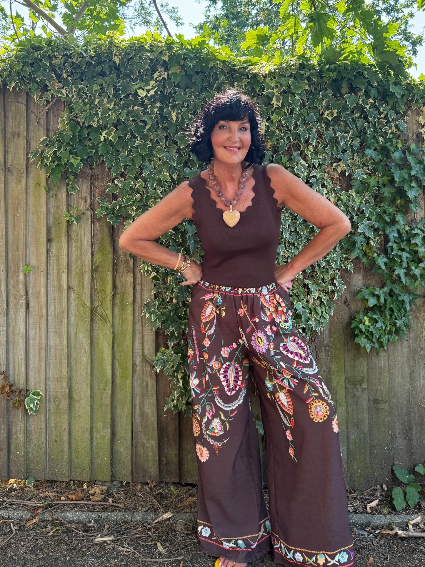 CLEO LASER FLORAL EMBROIDERED BOHO WIDE LEG TROUSERS BROWN *New