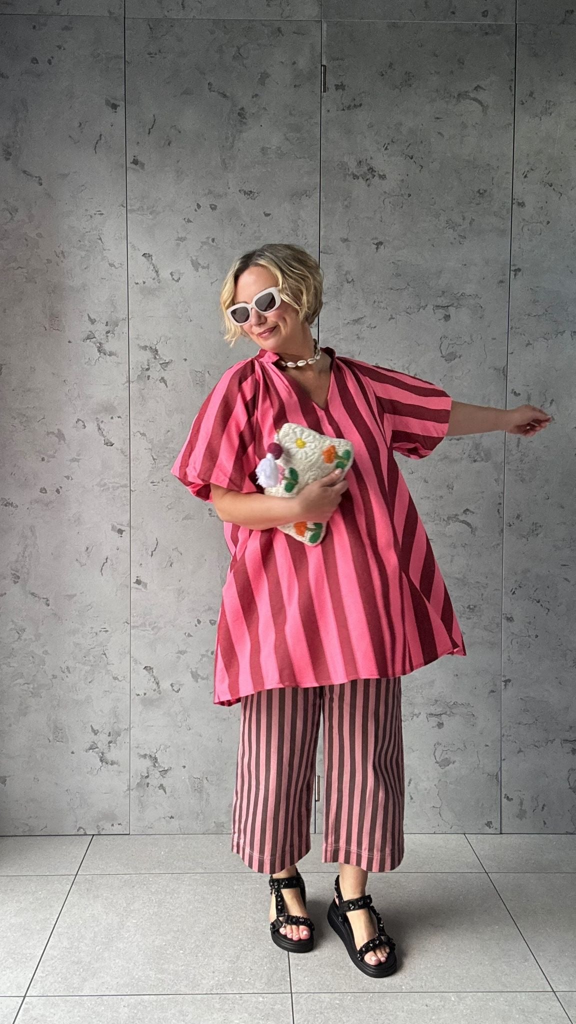 NESSA STRIPE SMOCK TOP / DRESS RED & PINK *New