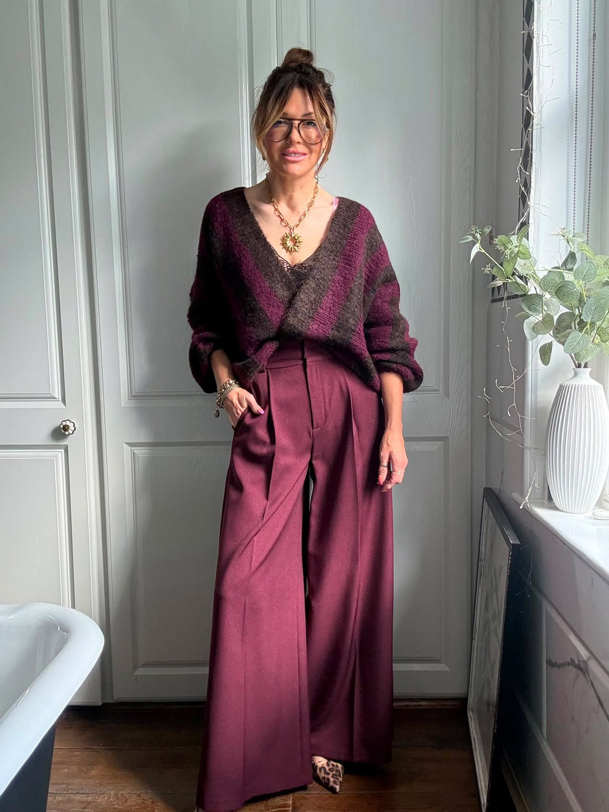 VESA STRIPE CARDIGAN BURGUNDY & BROWN *New
