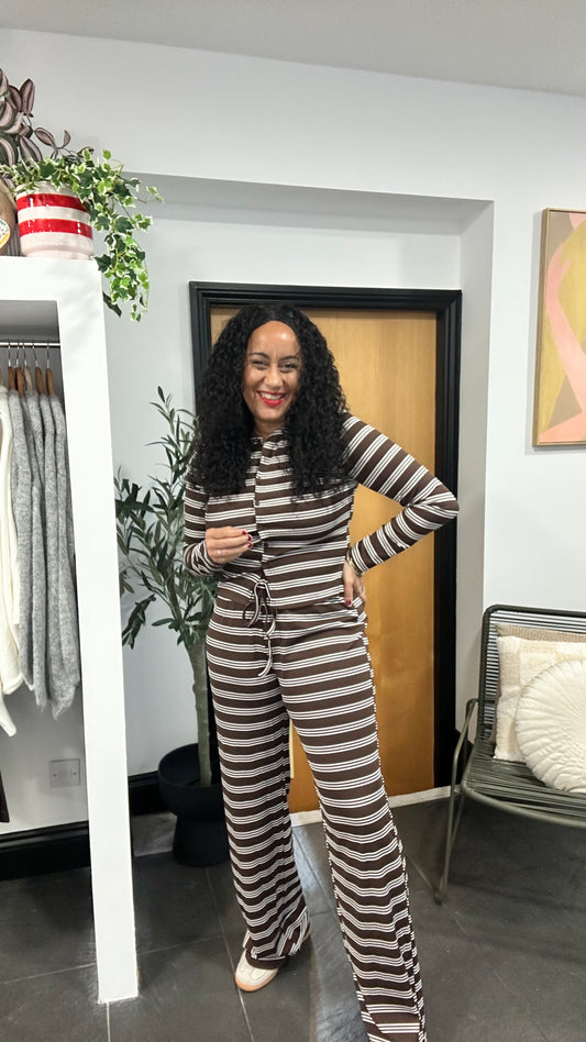 PALOMO STRIPED LOUNGEWEAR SET BROWN *New