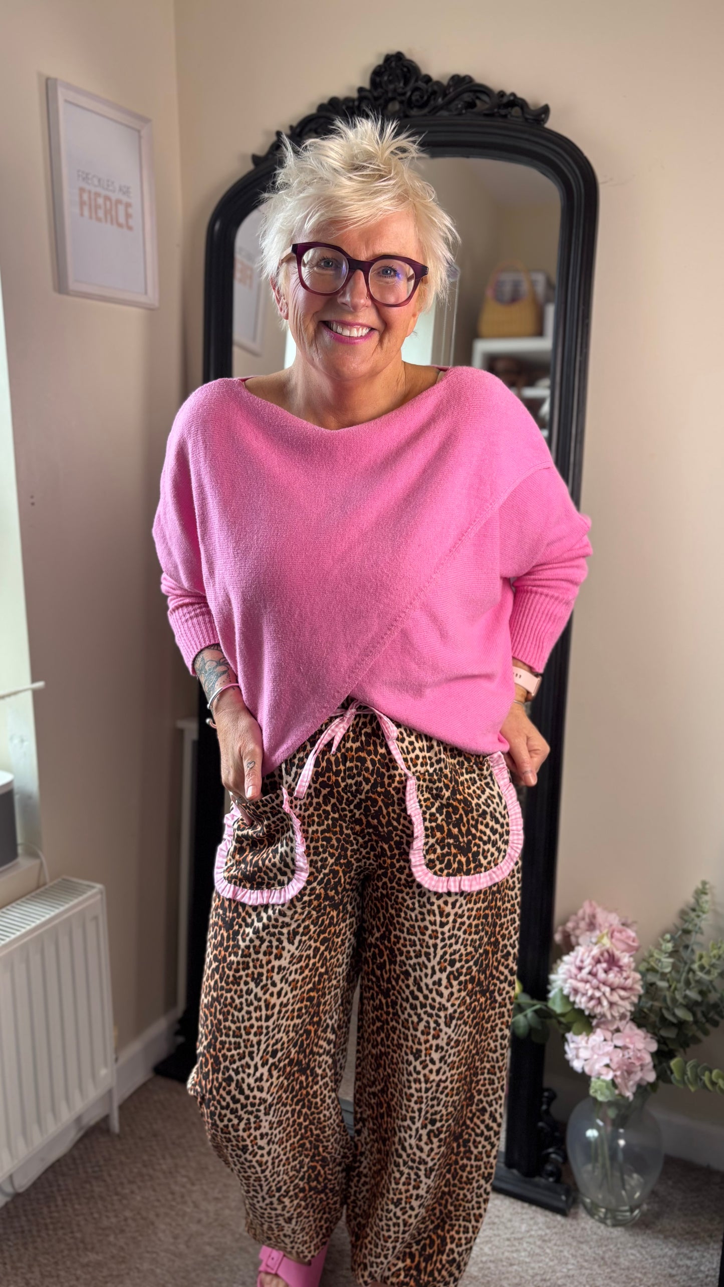 DAISY LEOPARD PRINT WIDE LEG TROUSERS WITH PINK CONTRAST *New