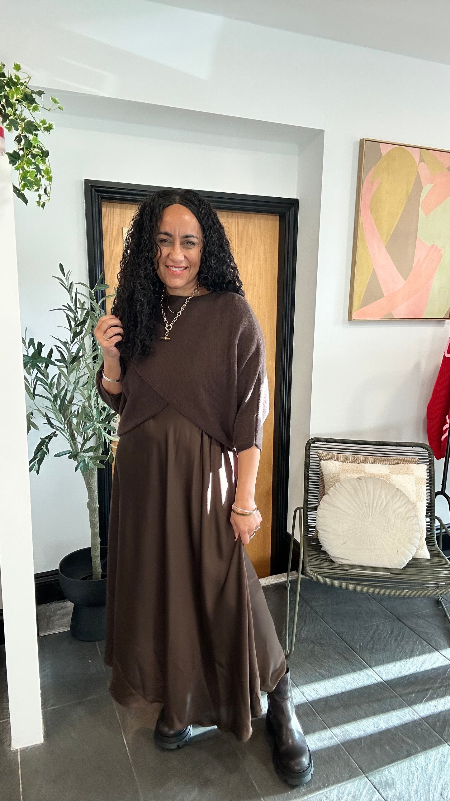 SALE MABLE OPEN KNIT AND SATIN MAXI DRESS DEEP BROWN *New