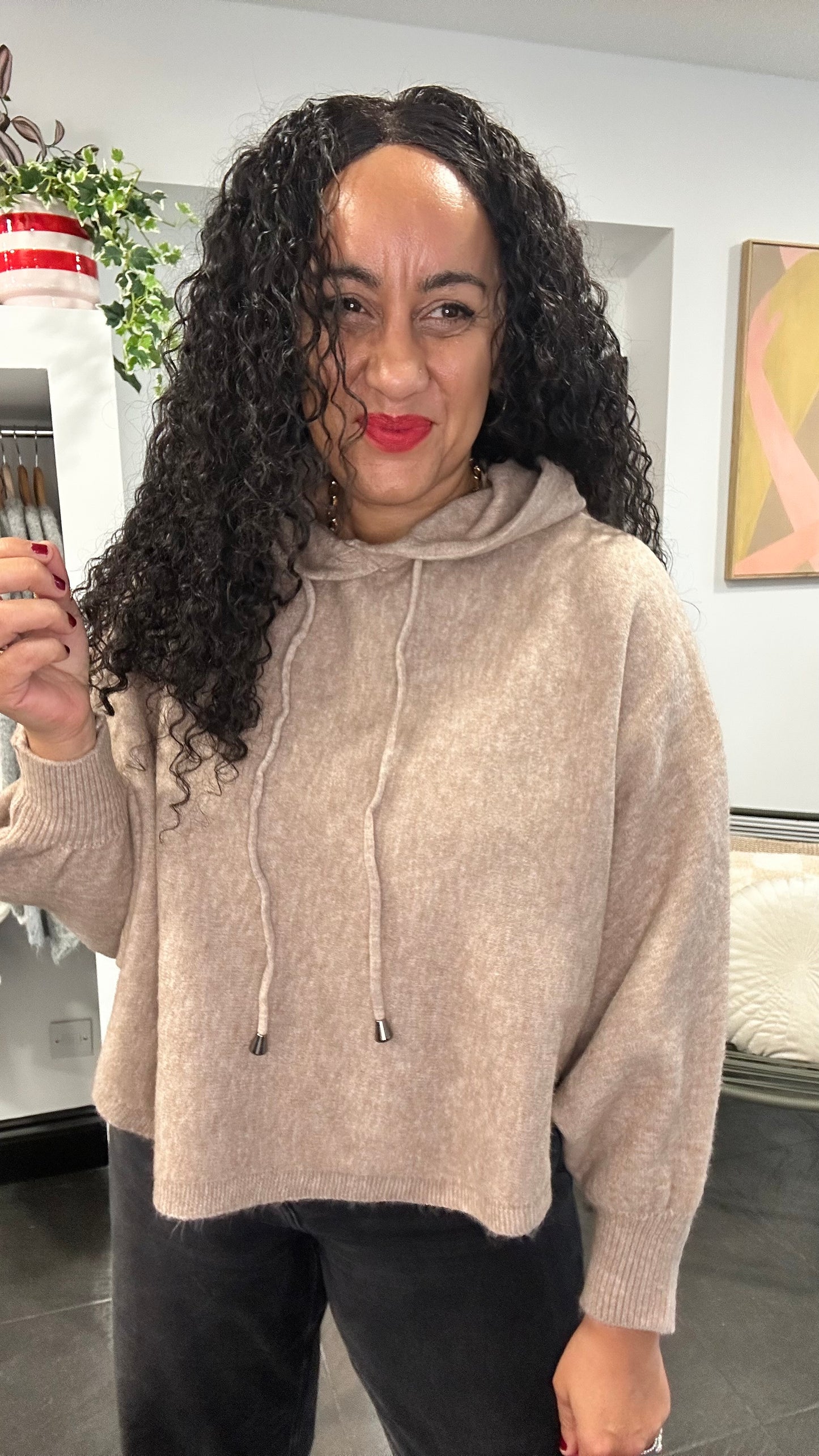 PUFF SLEEVE BOXY KNIT HOODIE MOCHA *New