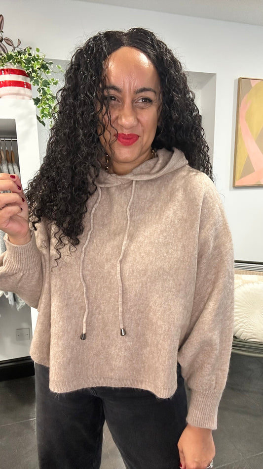 PUFF SLEEVE BOXY KNIT HOODIE MOCHA *New