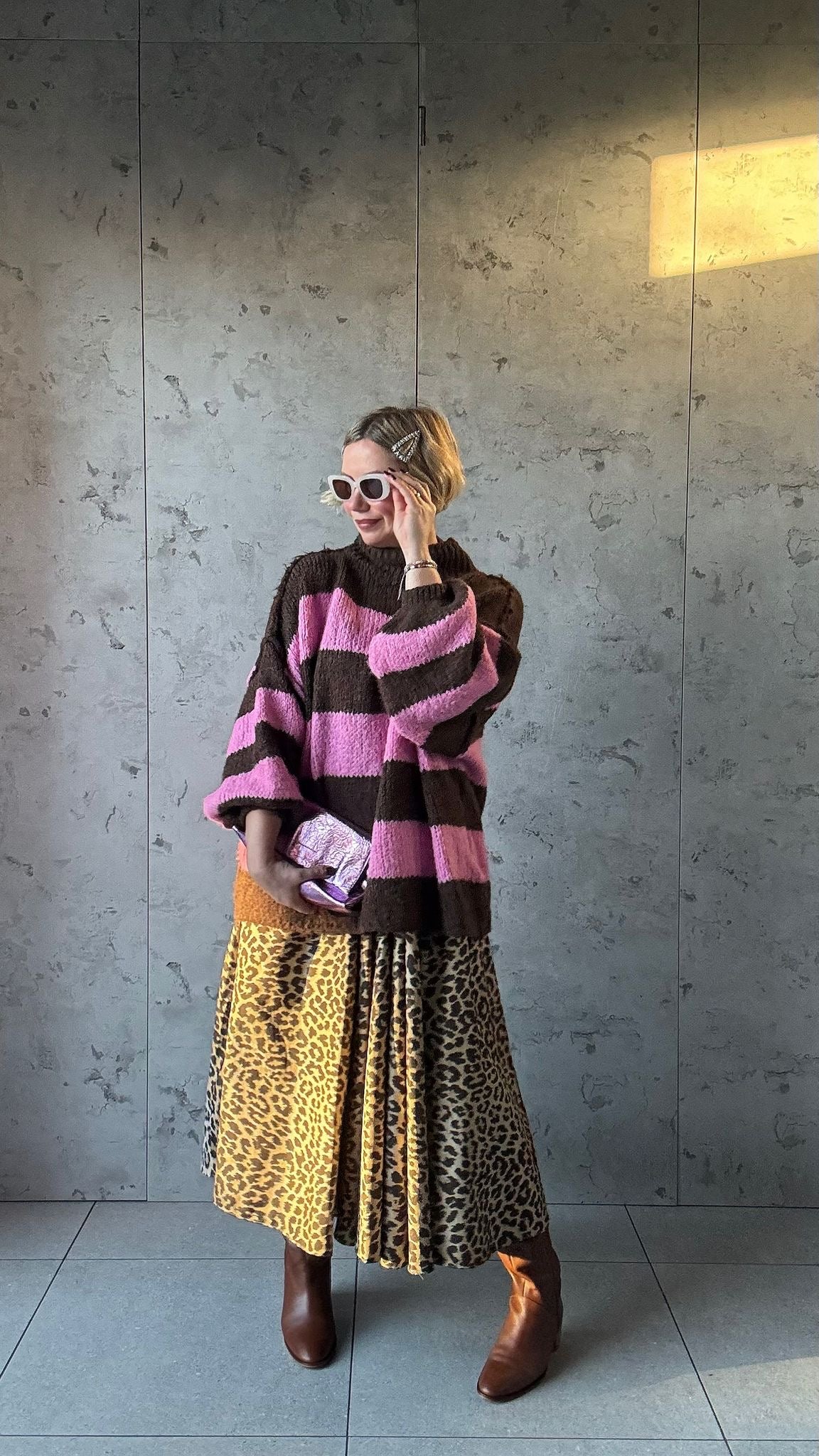 ALEX STRIPED RAW EDGE BALLOON SLEEVED JUMPER RASPBERRY TRUFFLE PINK & CHOCOLATE *New