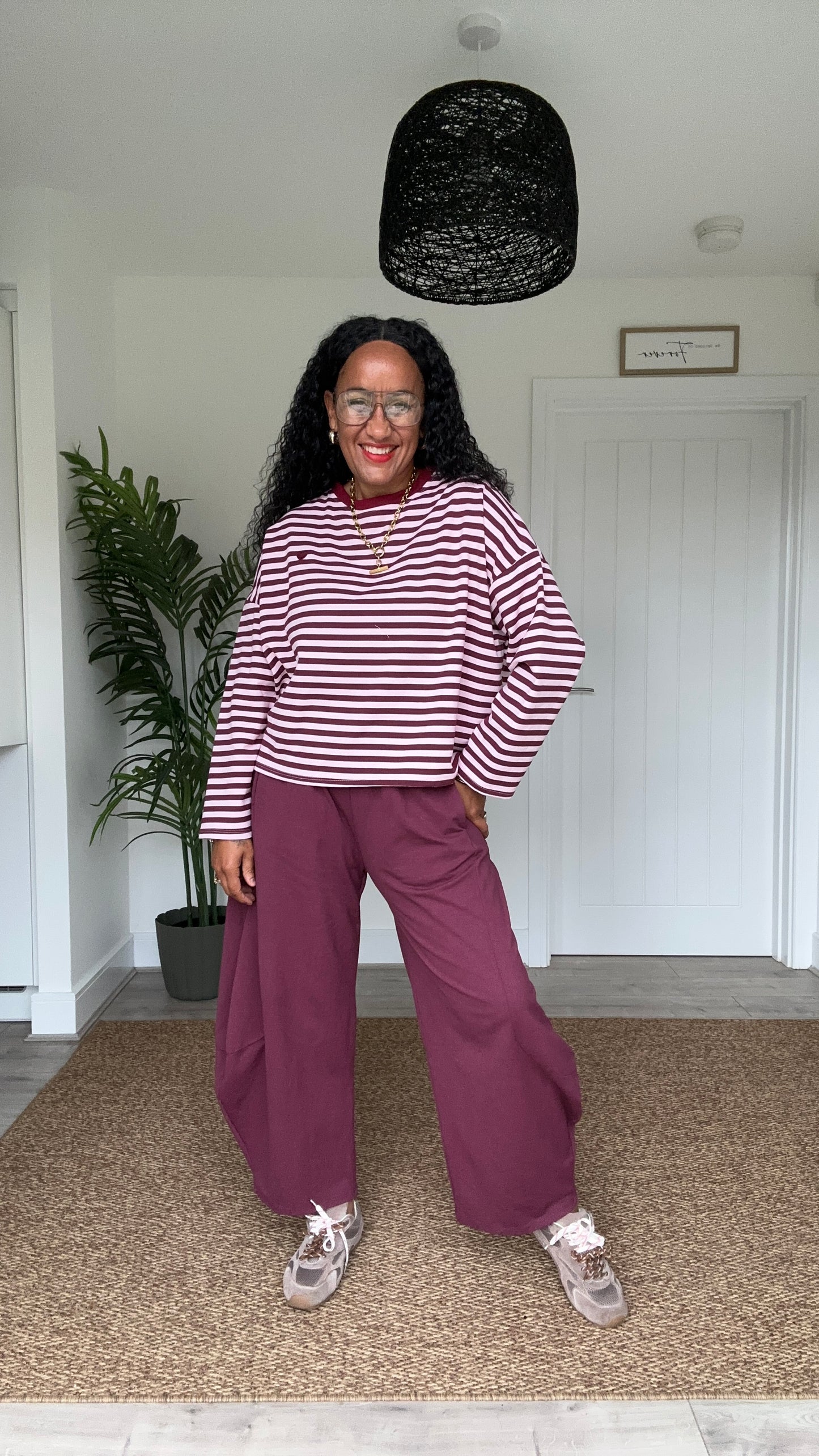 HEART LONG SLEEVED STRIPE TOP BURGUNDY & PINK CONTRAST *New