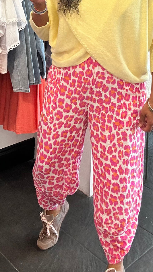 FRUITELLA LUXE LEOPARD BARREL LEG TROUSERS FUSCHIA LEOPARD *New
