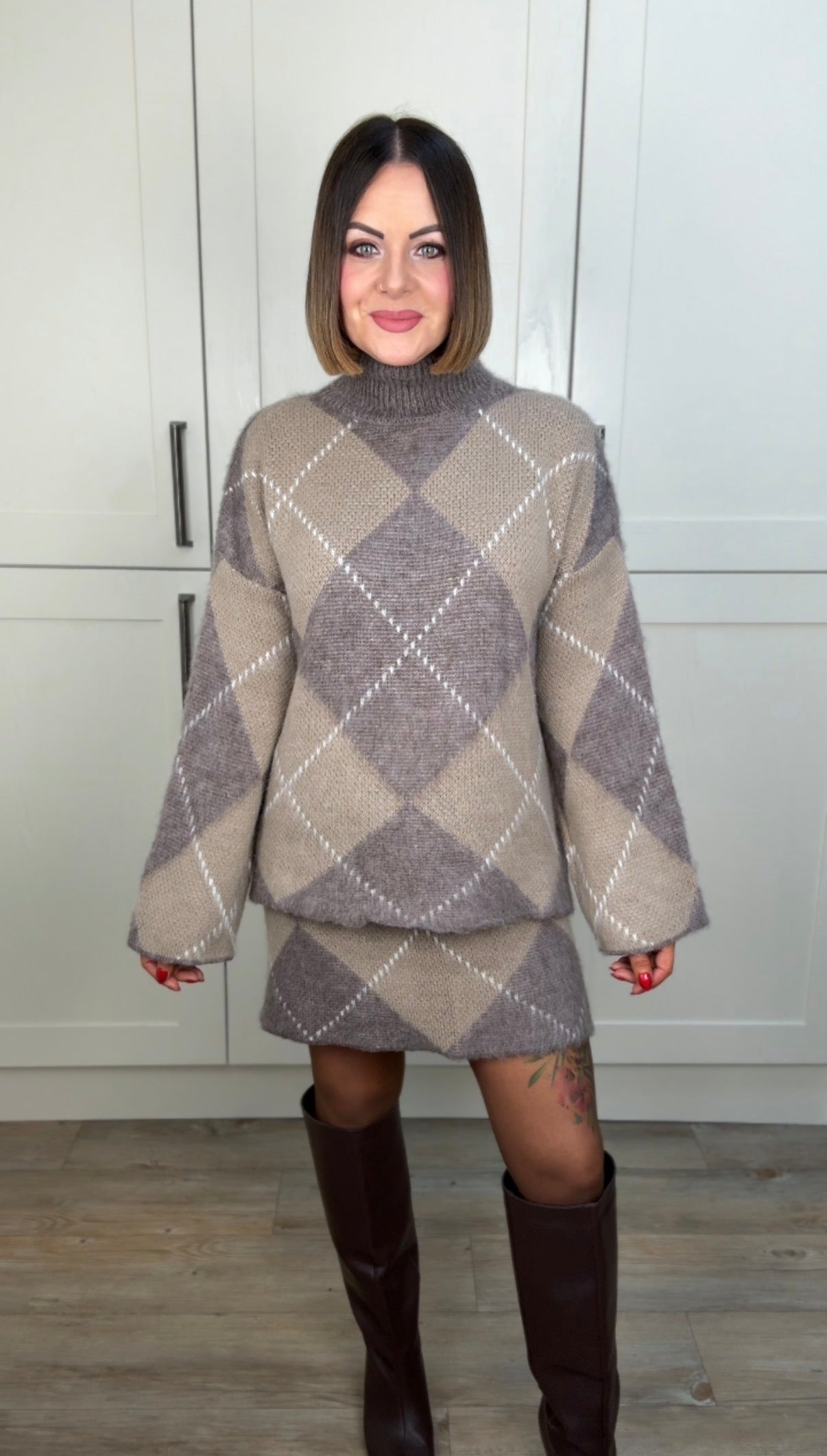 LUNA ARGLE KNIT JUMPER & SKIRT SET BEIGE & MOCHA *New