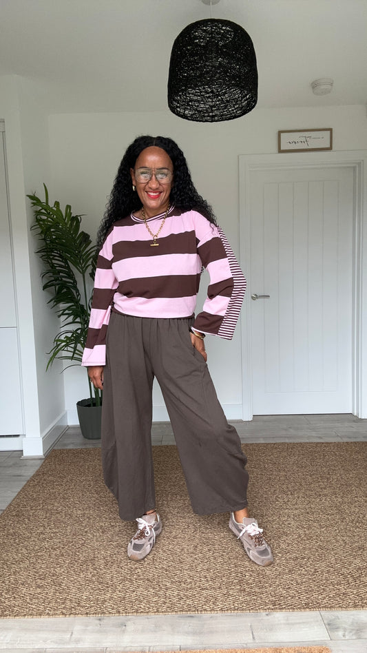 EIRA BLOCK STRIPE JERSEY TOP BROWN & PINK *New