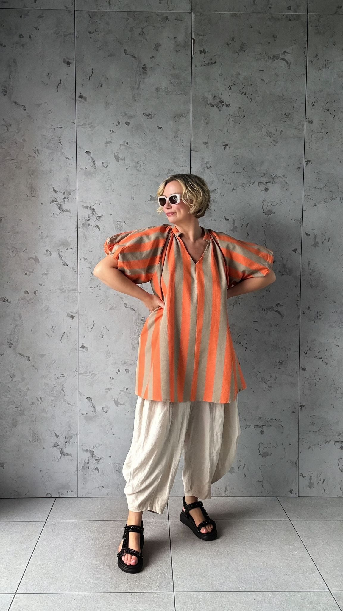 NESSA STRIPE SMOCK TOP / DRESS ORANGE & BROWN *New