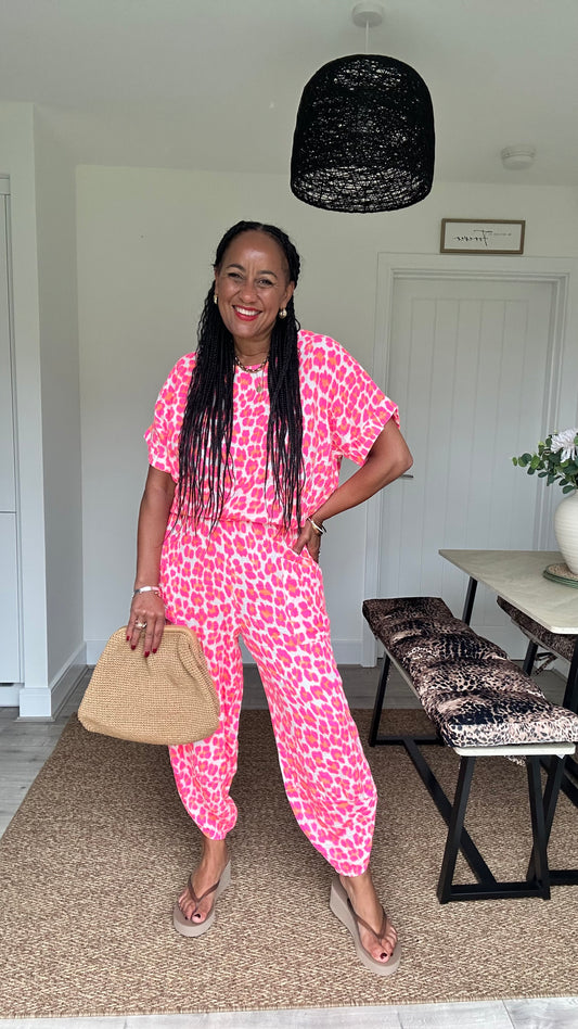 FRUITELLA LUXE LEOPARD BARREL LEG TROUSERS NEON PINK LEOPARD *New