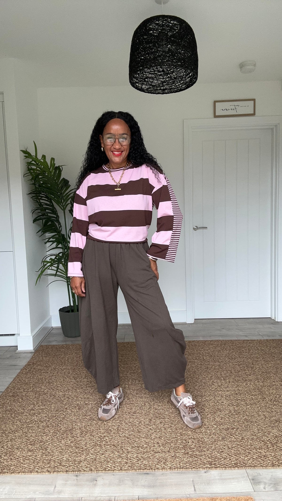 EIRA BLOCK STRIPE JERSEY TOP BROWN & PINK *New