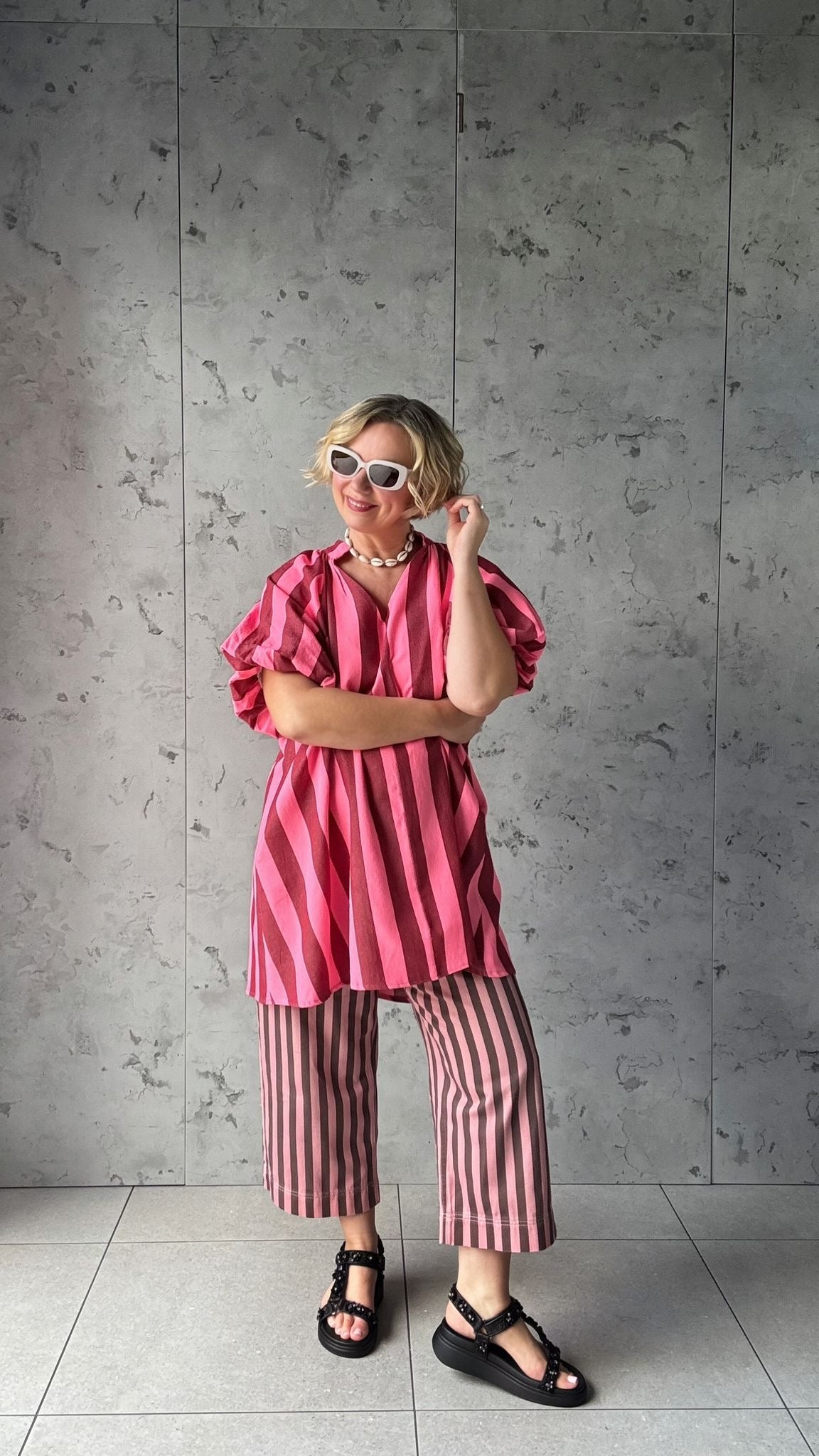 NESSA STRIPE SMOCK TOP / DRESS RED & PINK *New