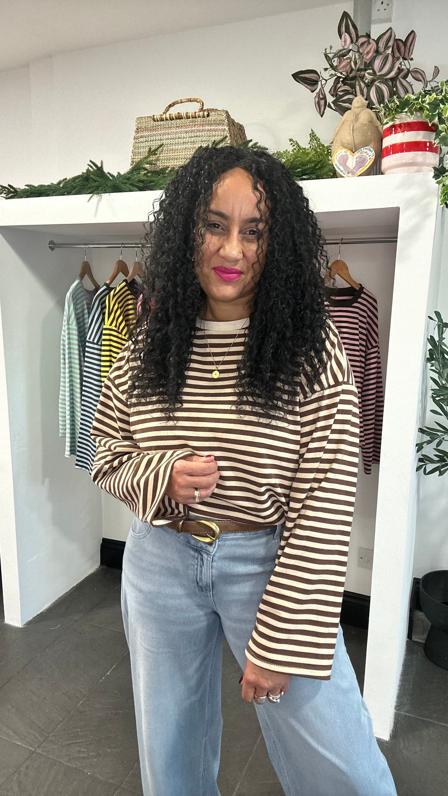 BELLE STRIPE TOP WITH WIDE SLEEVES BROWN & CREAM *New