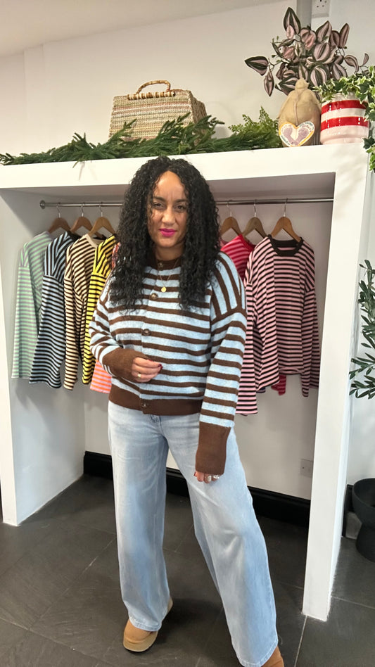 OWEN STRIPED CARDIGAN BLUE & BROWN *New