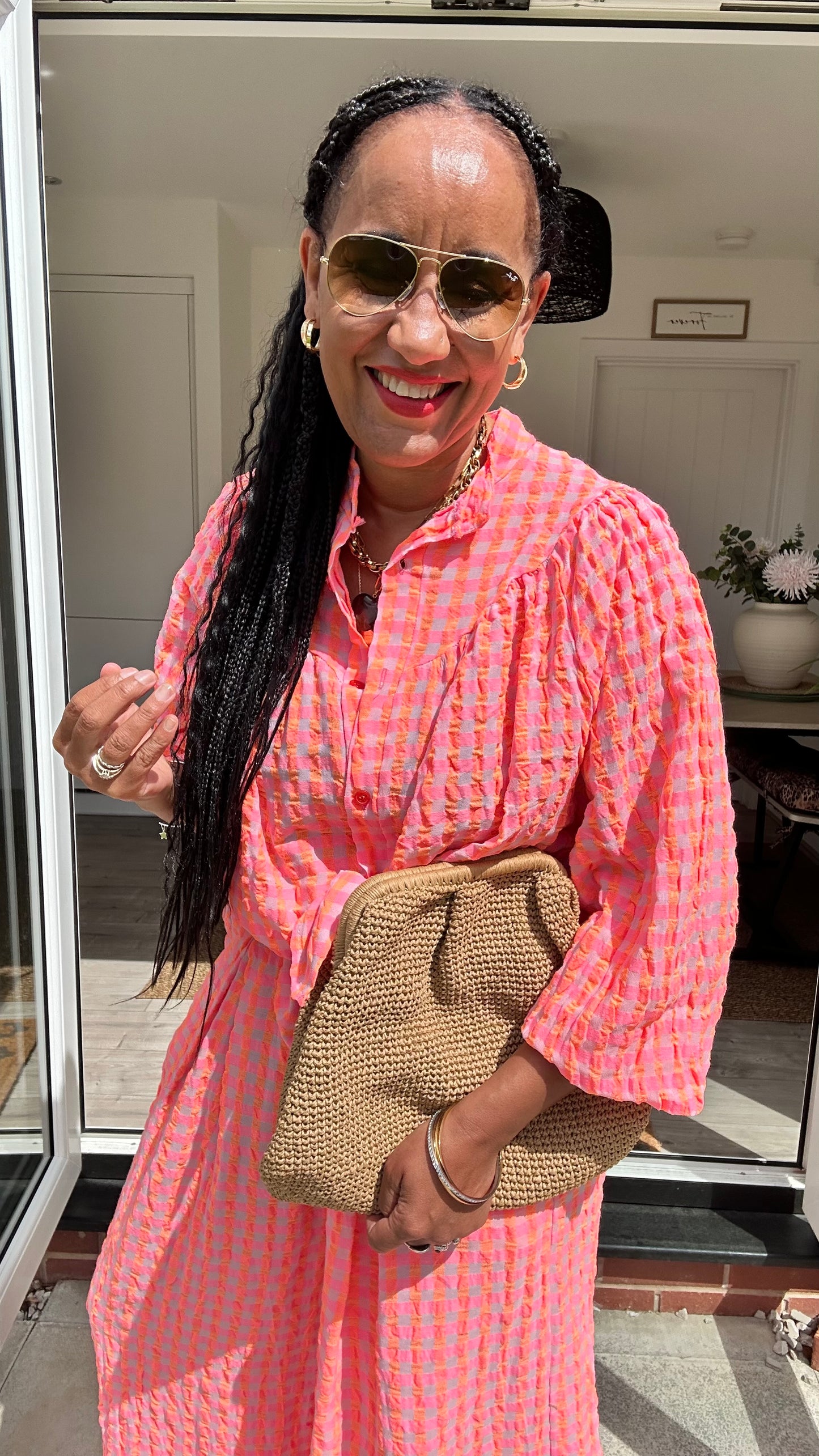 IBIZA PERRIE GINGHAM BLOUSE CORAL & PINK *New