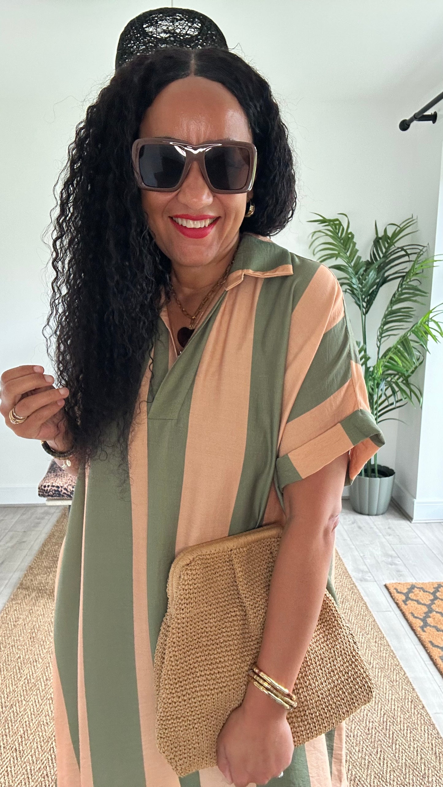 TAYO STRIPED TUNIC DRESS KHAKI & CAMEL *New