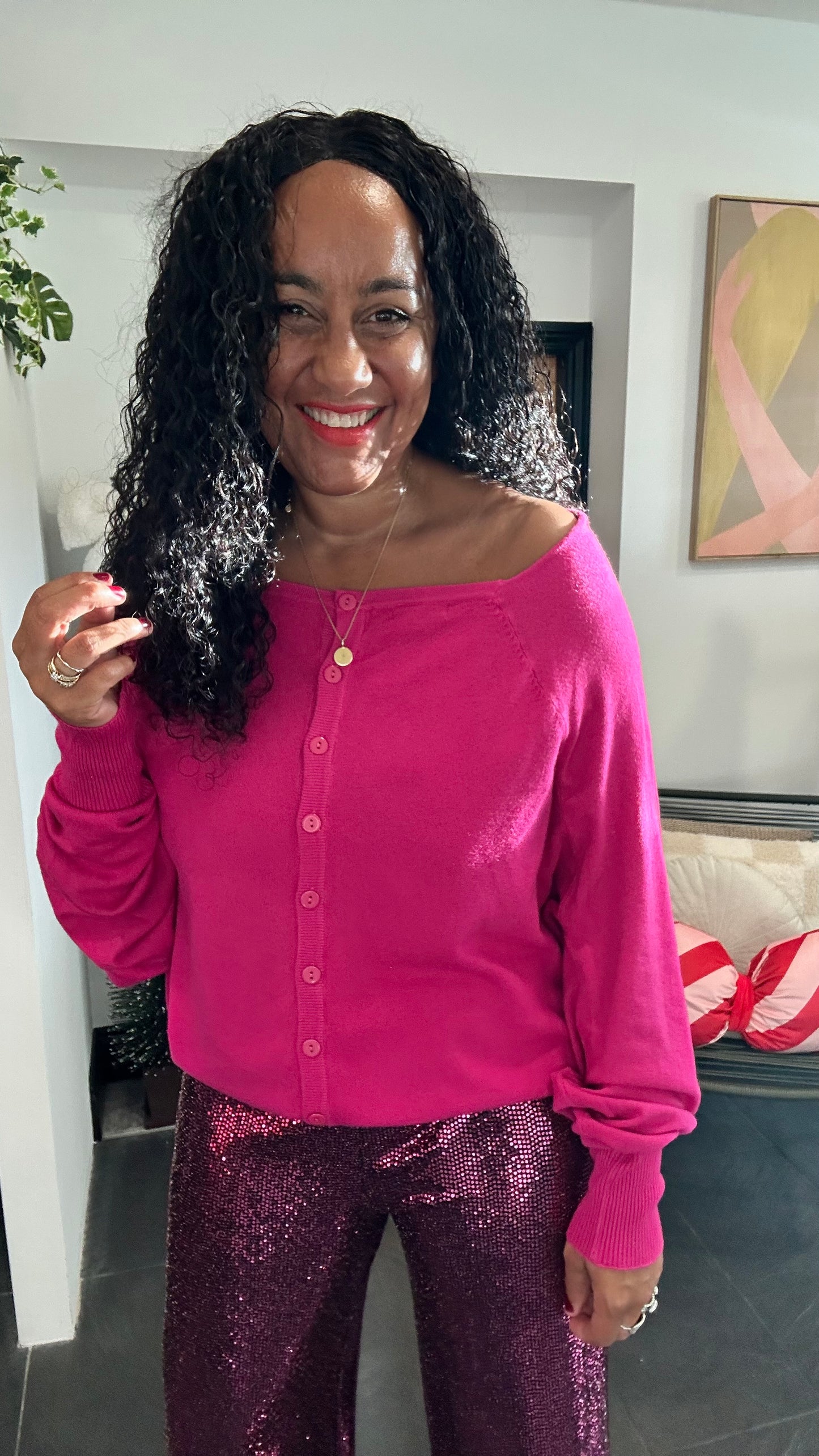 MULTIFUNCTIONAL BUTTON BACK BATWING TOP FUCHSIA PINK *New