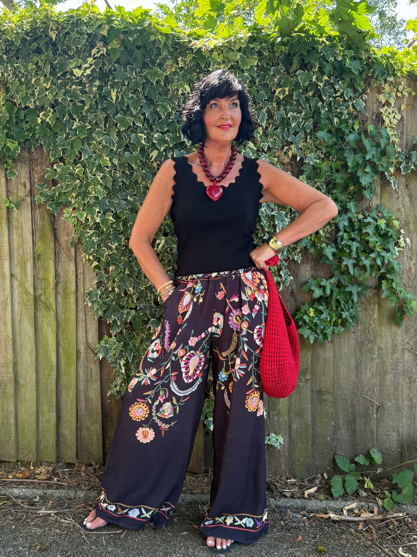 CLEO LASER EMBROIDERED FLORAL BOHO WIDE LEG TROUSERS BLACK *New