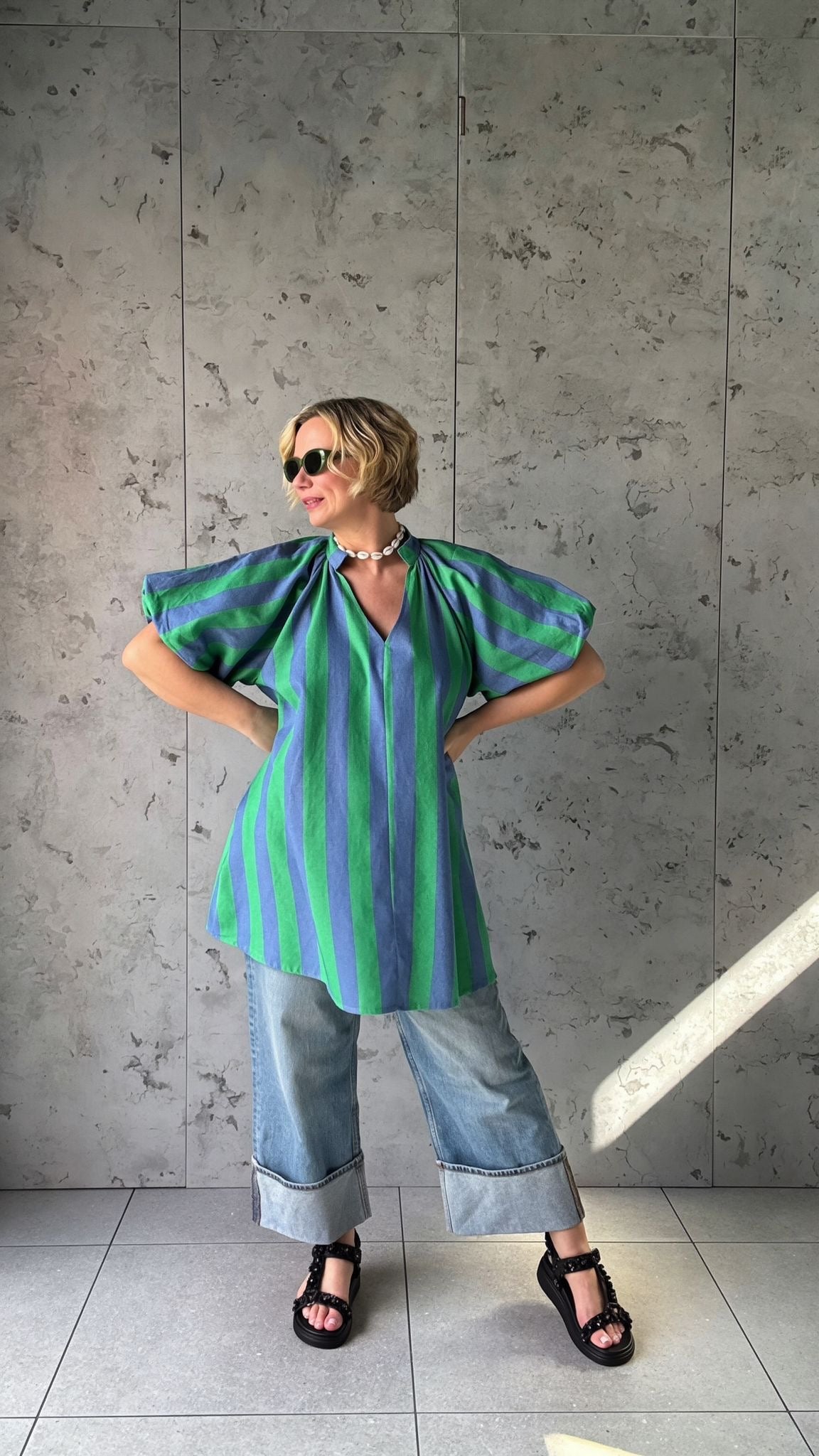 NESSA STRIPE SMOCK TOP / DRESS GREEN & BLUE *New